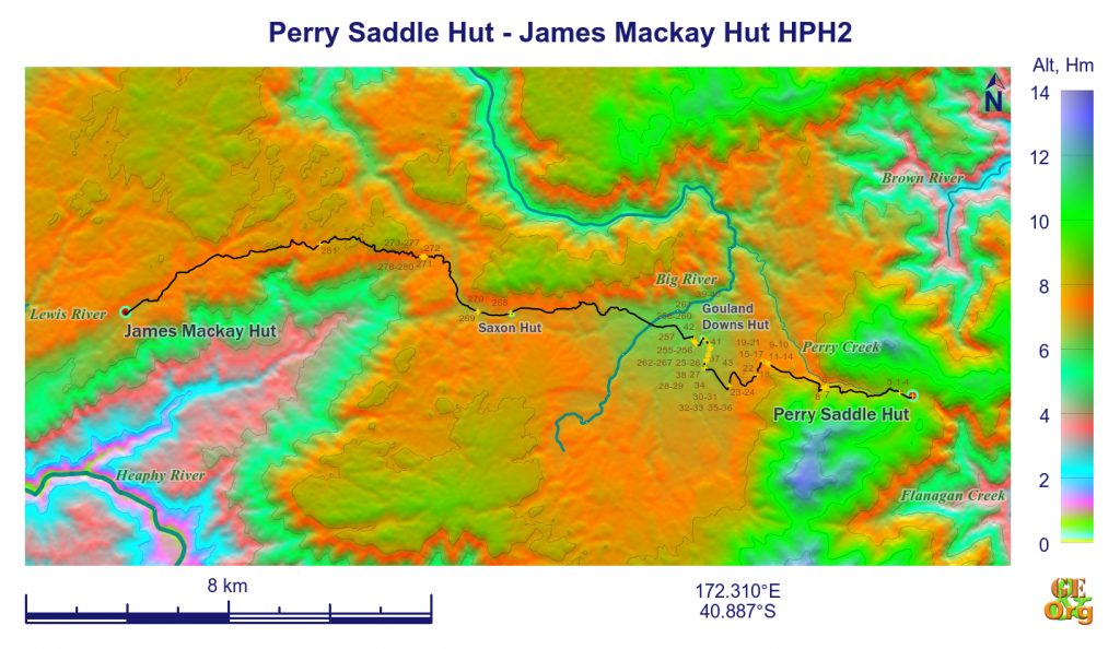 Perry Saddle Hut - James Mackay Hut, ground track